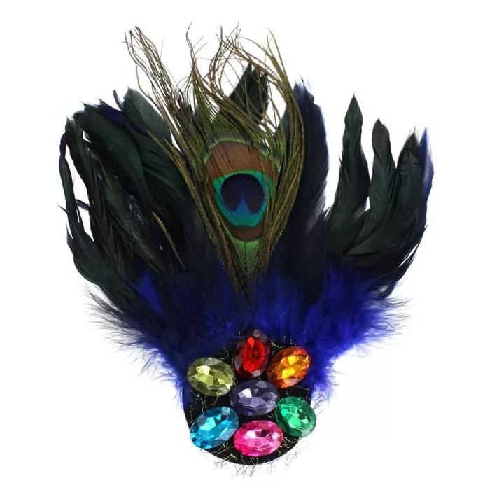 Broche met pauwveren en gekleurde stenen